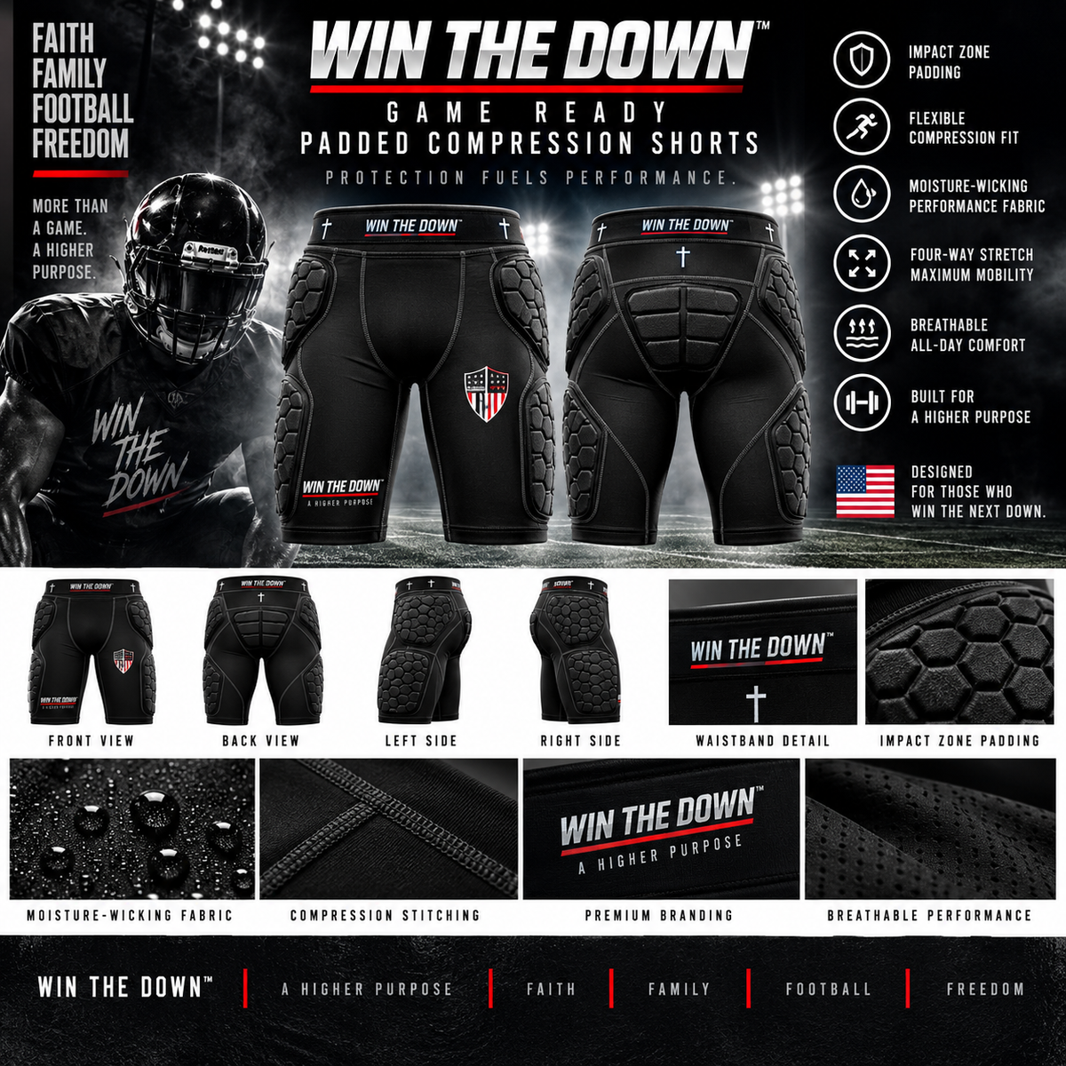 WIN THE DOWN™ Game Ready Padded Compression Shorts — Coming Soon