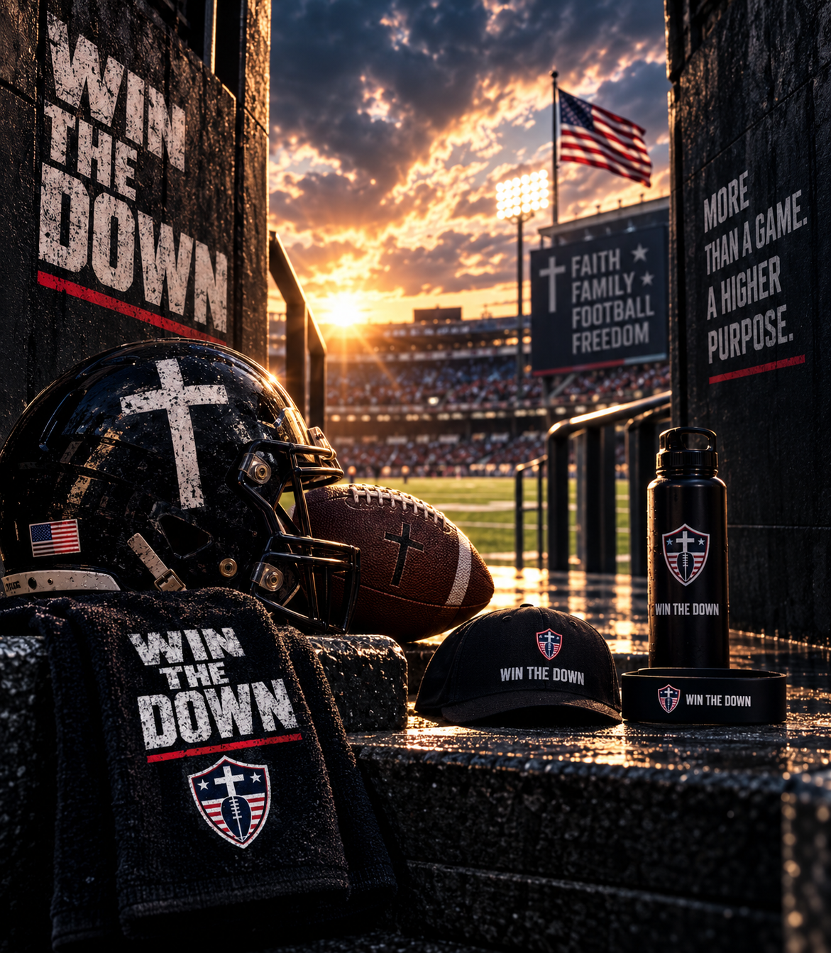 WIN THE DOWN Game Day football gear collection featuring helmet, towel, cap, headband, football and stadium tunnel