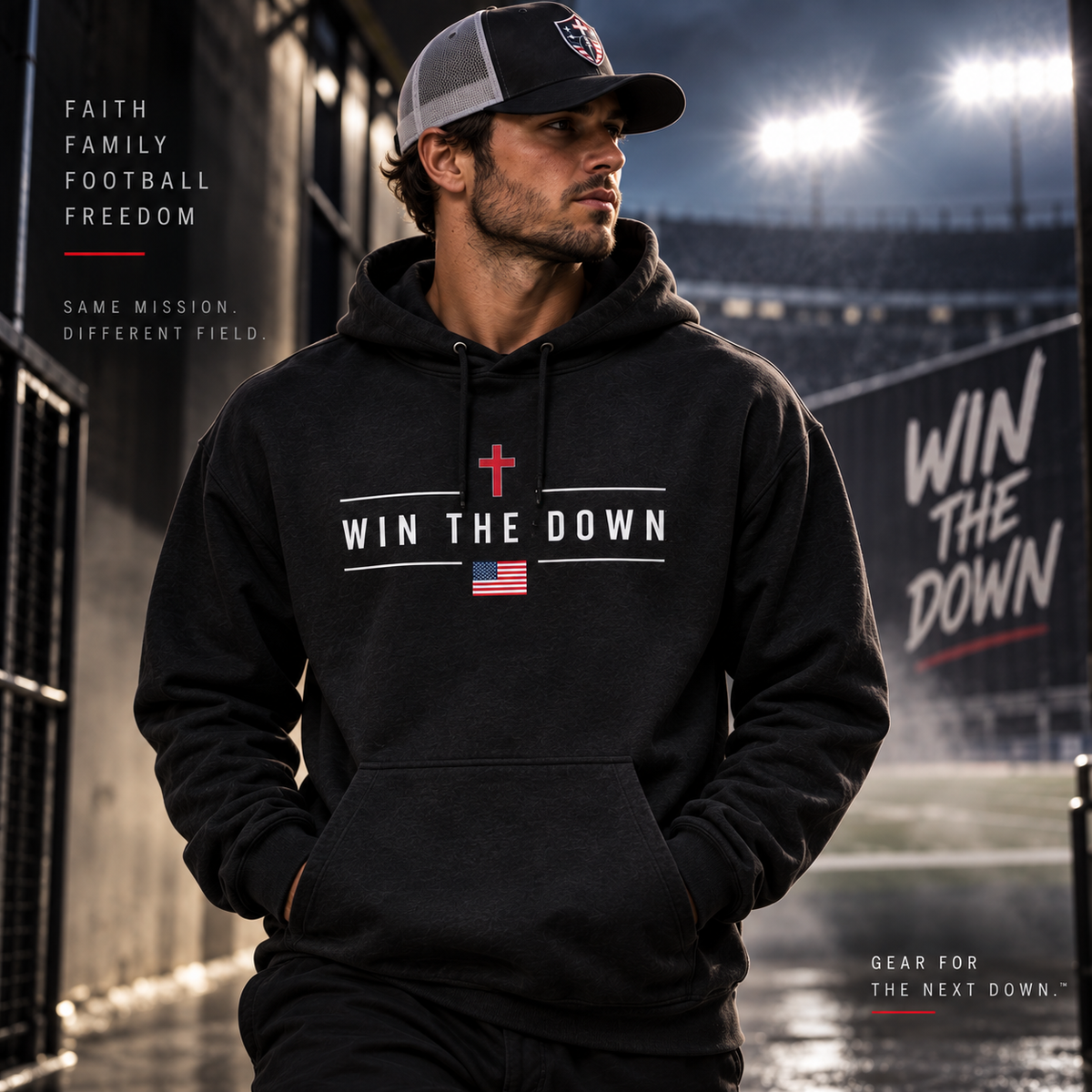 WIN THE DOWN A Higher Purpose charcoal hoodie lifestyle image